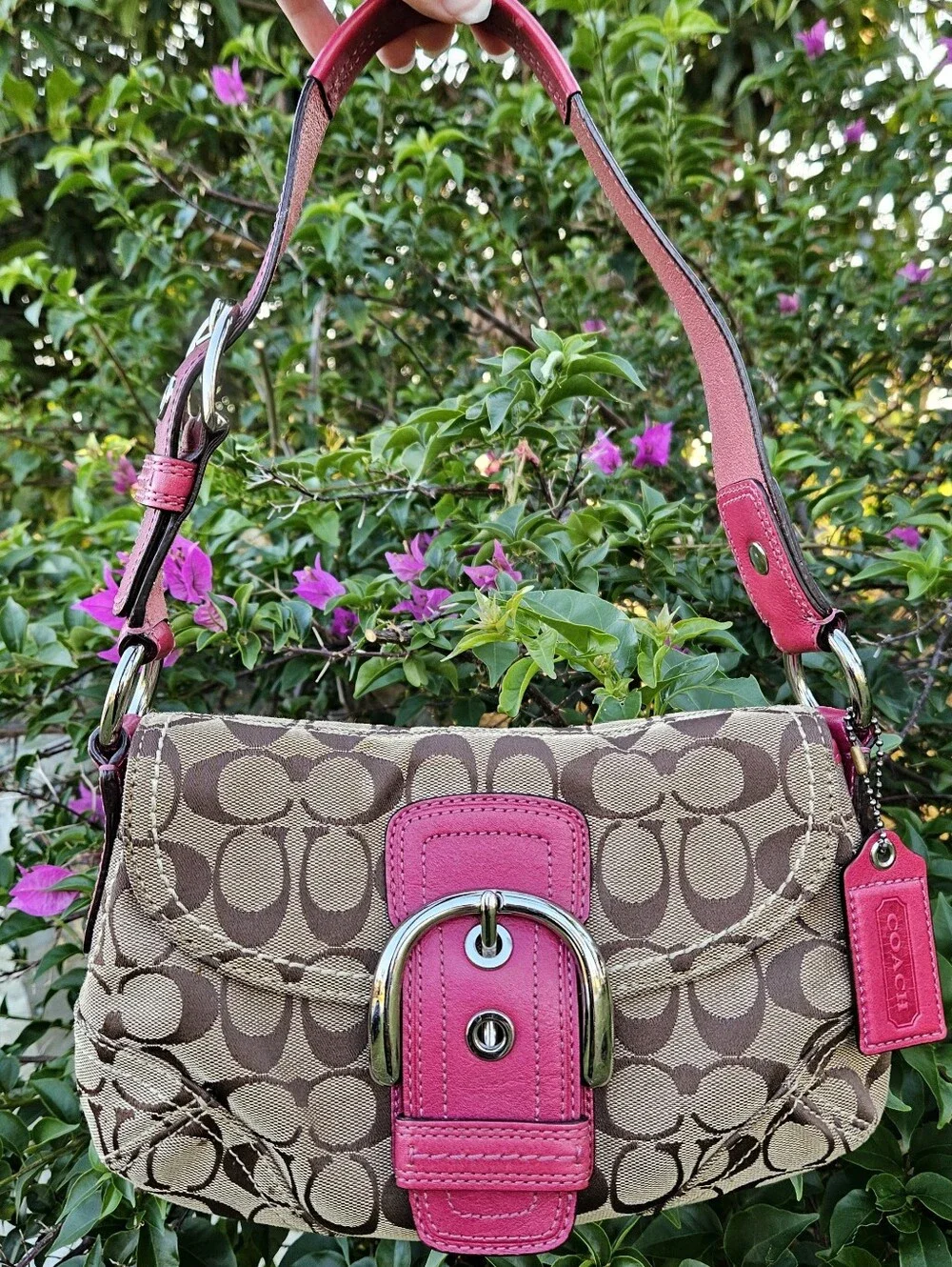 Coach Soho Mini Flap Bag 11860 Pink Fuchsia Signature Canvas Y2K Buckle